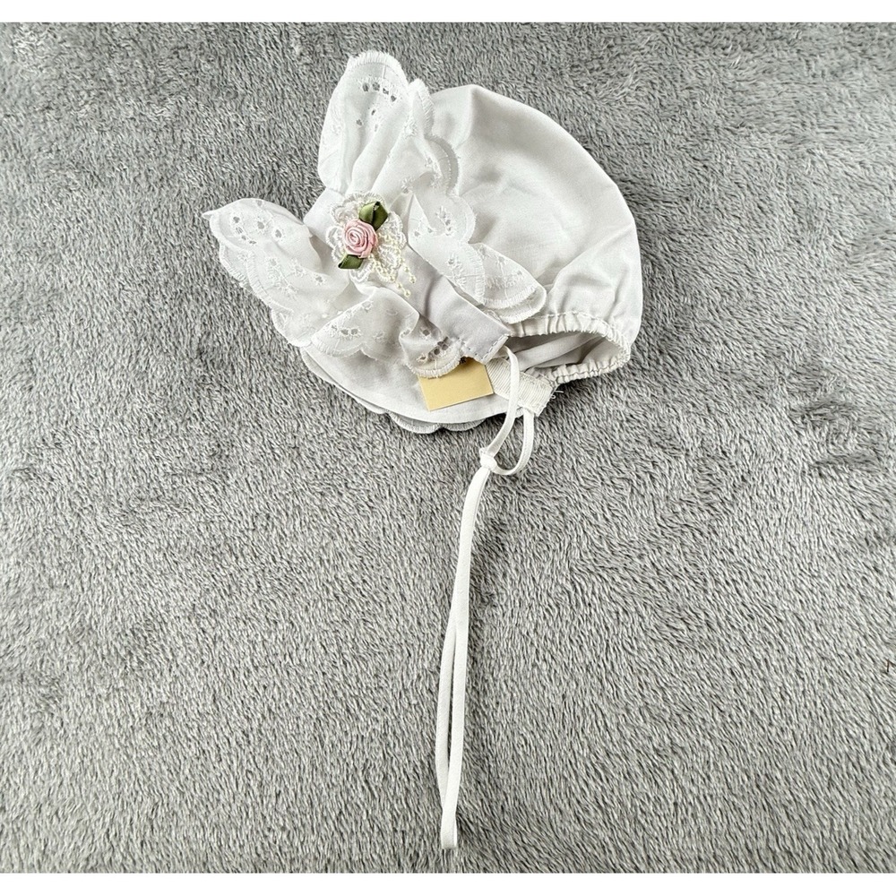 Vintage Baby Bonnet 0-6 Months Eyelet Rosette Lace USA Made Prairie Coquette NWT